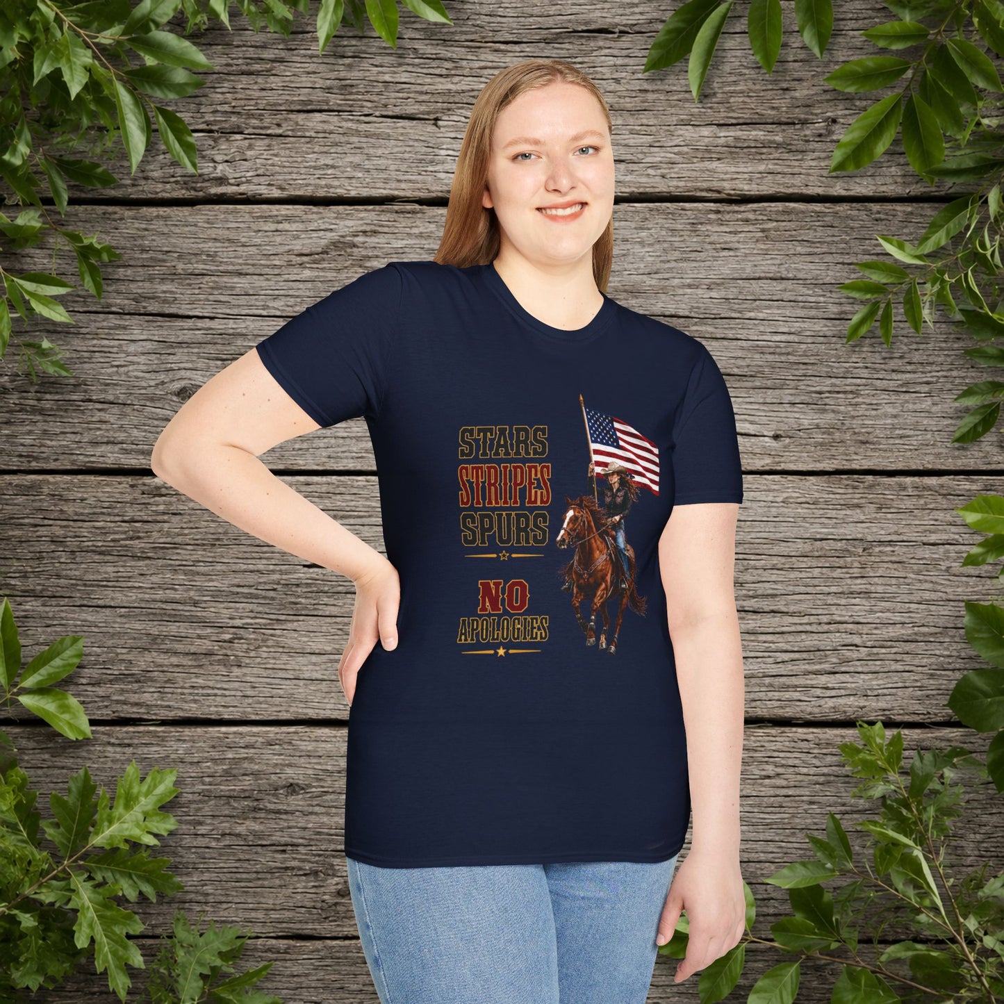 Stars Stripes and Spurs Cowgirl (Front) Adult T-Shirt