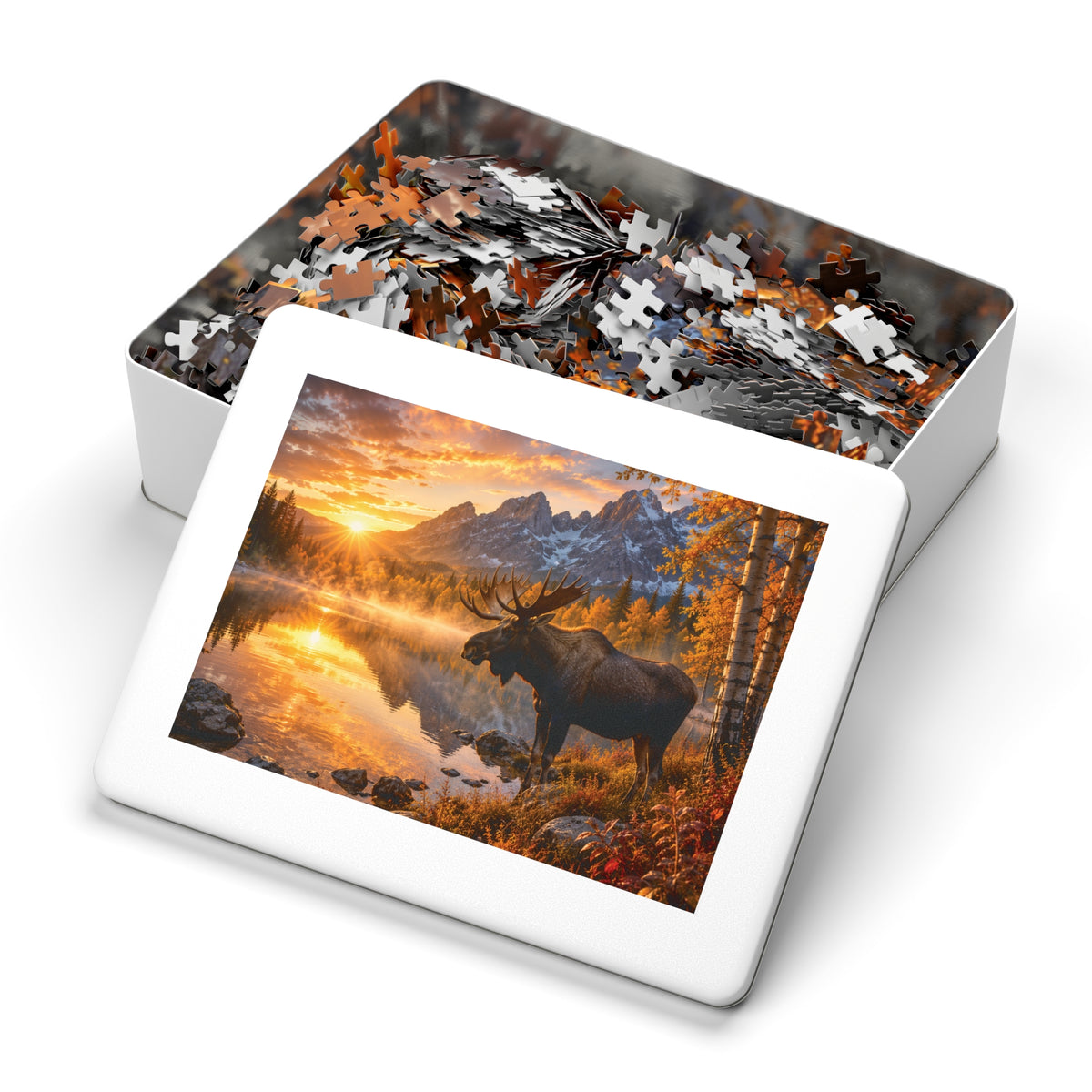 Morning Fall Moose Jigsaw Puzzle with Tin