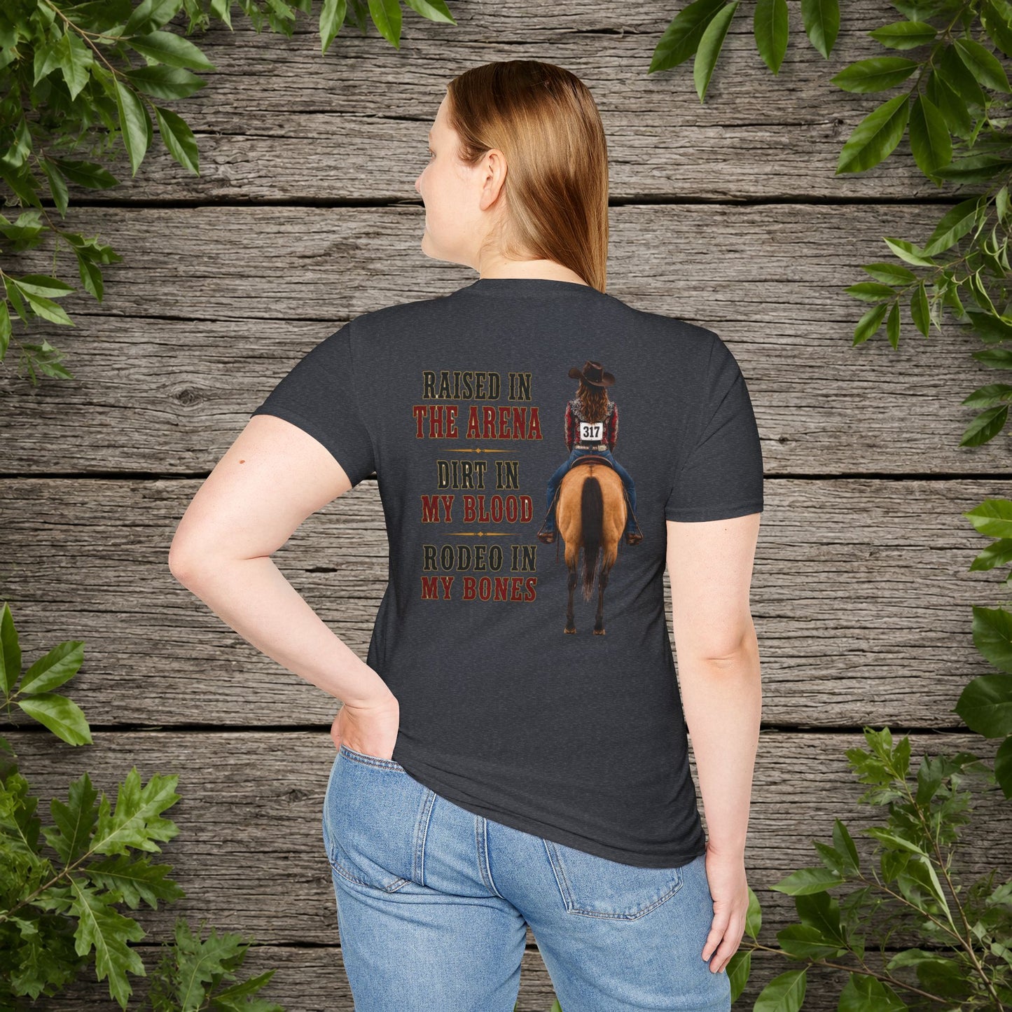 Raised Dirt Rodeo Cowgirl (Back)  Adult T-Shirt
