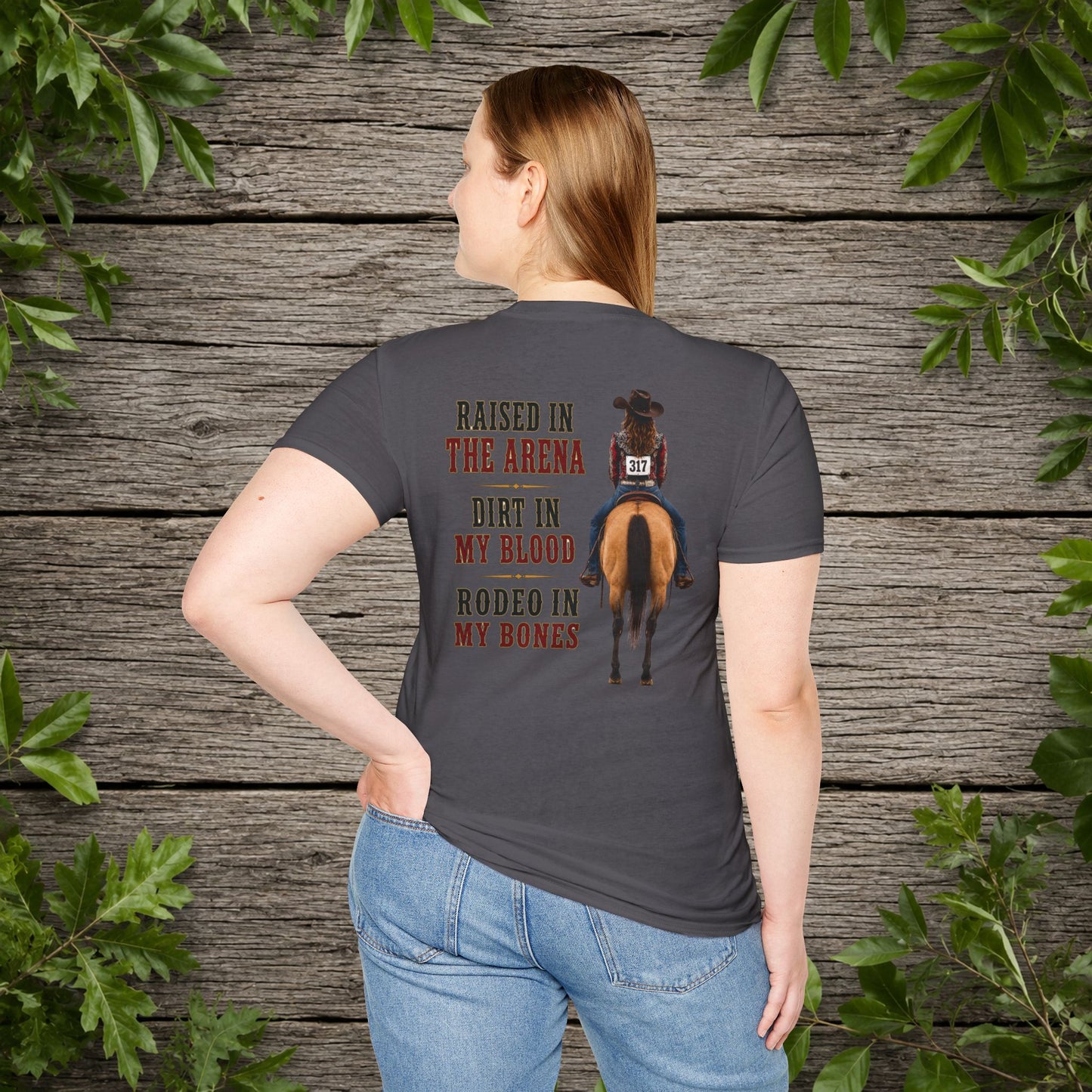 Raised Dirt Rodeo Cowgirl (Back)  Adult T-Shirt