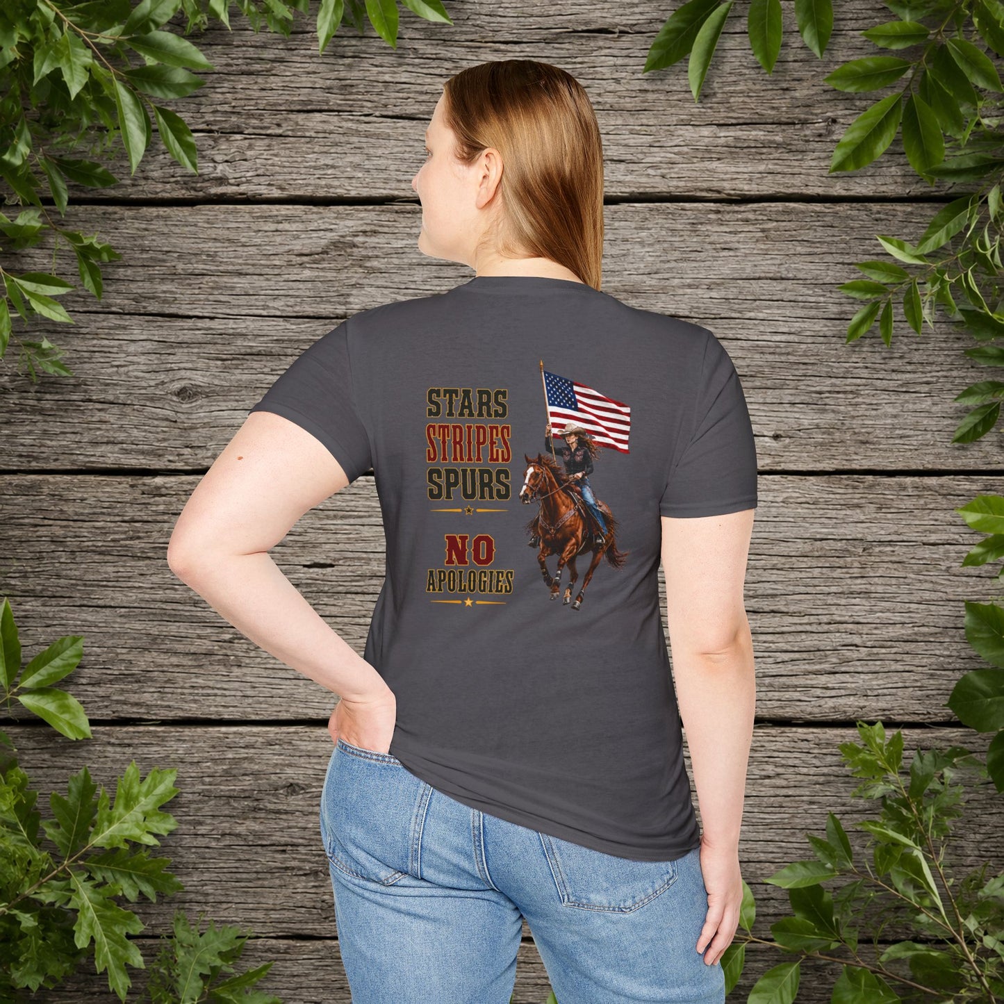 Stars Stripes and Spurs Cowgirl  (Back) Adult T-Shirt