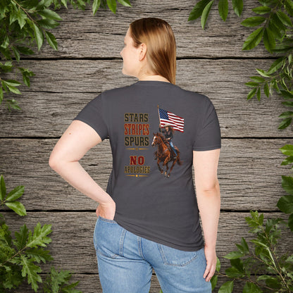 Stars Stripes and Spurs Cowgirl  (Back) Adult T-Shirt