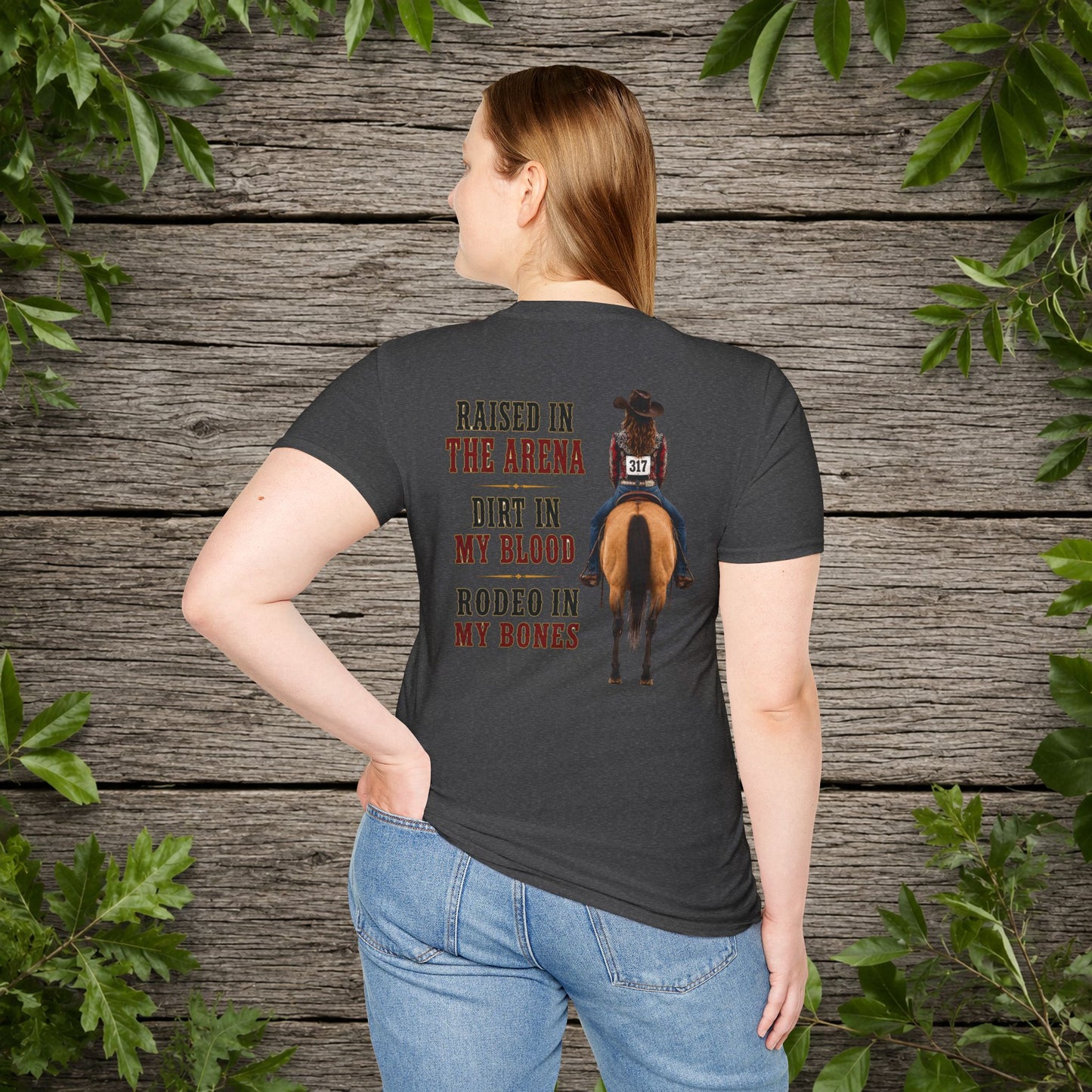 Raised Dirt Rodeo Cowgirl (Back)  Adult T-Shirt