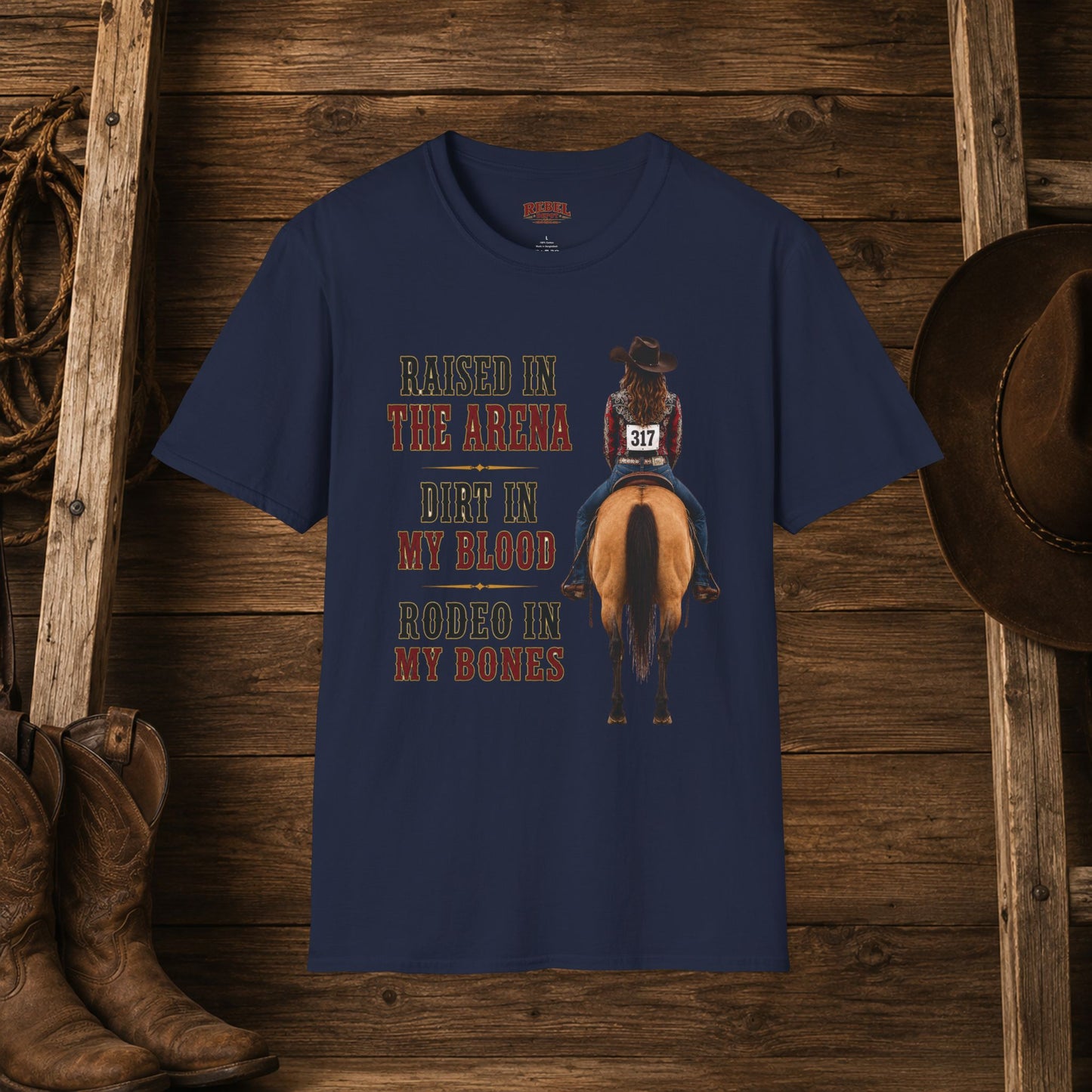 Raised Dirt Rodeo Cowgirl (Front)  Adult T-Shirt