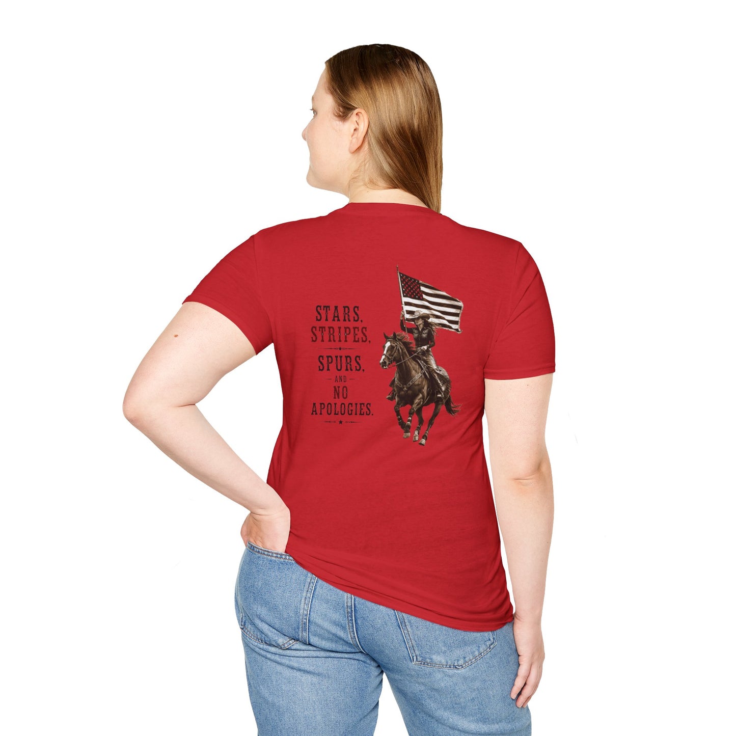 Stars Stripes and Spurs Cowgirl  (Back) T-Shirt