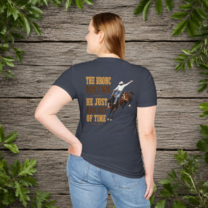 Bronc Ran Out of Time (Back)  Adult T-Shirt