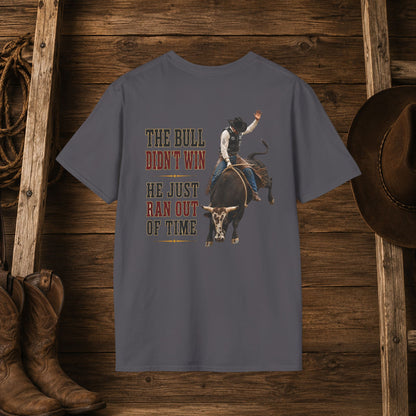 Bull Ran Out of Time (Back)  Adult T-Shirt