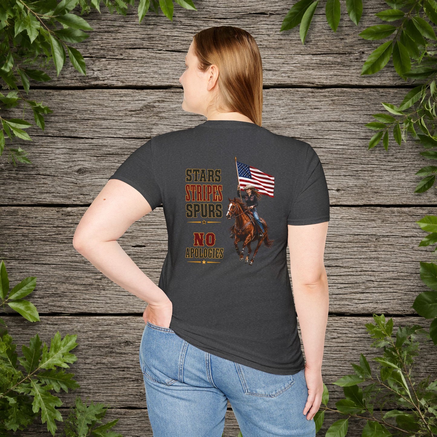 Stars Stripes and Spurs Cowgirl  (Back) Adult T-Shirt