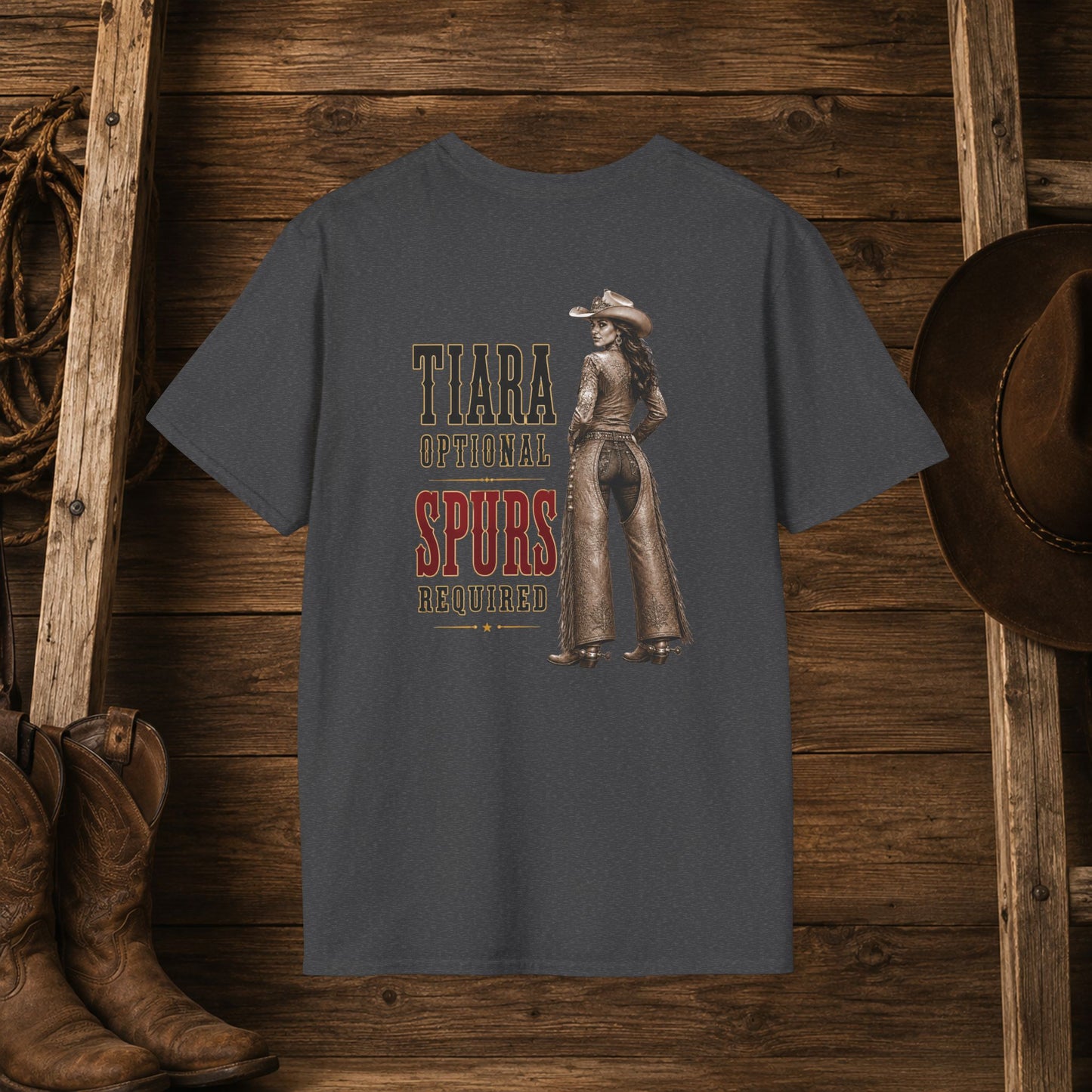 Tiara and Spurs Cowgirl (Back)  Adult T-Shirt