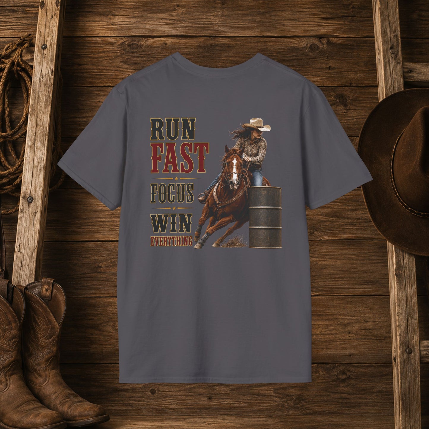 Run Focus Win Cowgirl  (Back)  Adult T-Shirt