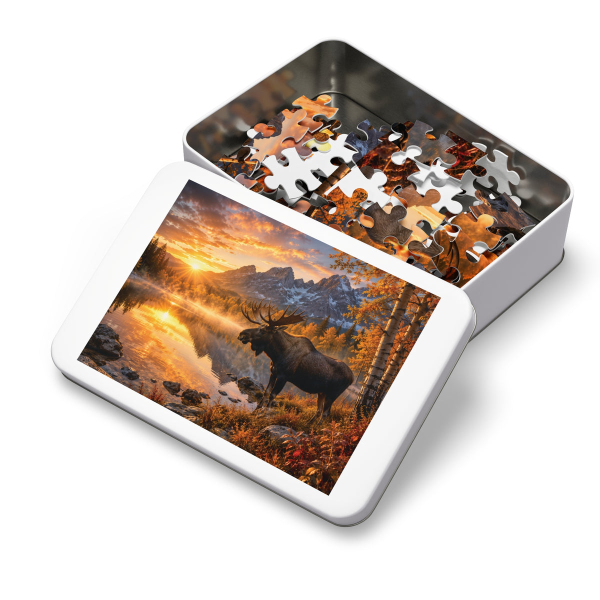 Morning Fall Moose  Jigsaw Puzzle with Tin