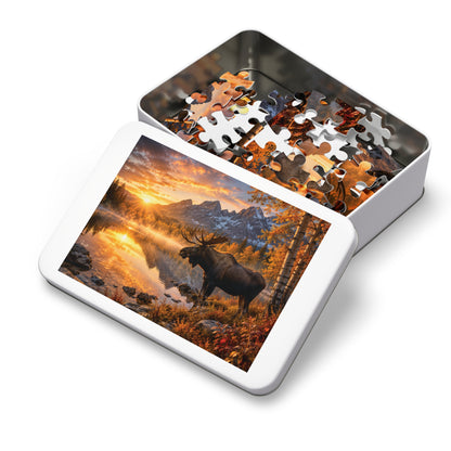 Morning Fall Moose  Jigsaw Puzzle with Tin