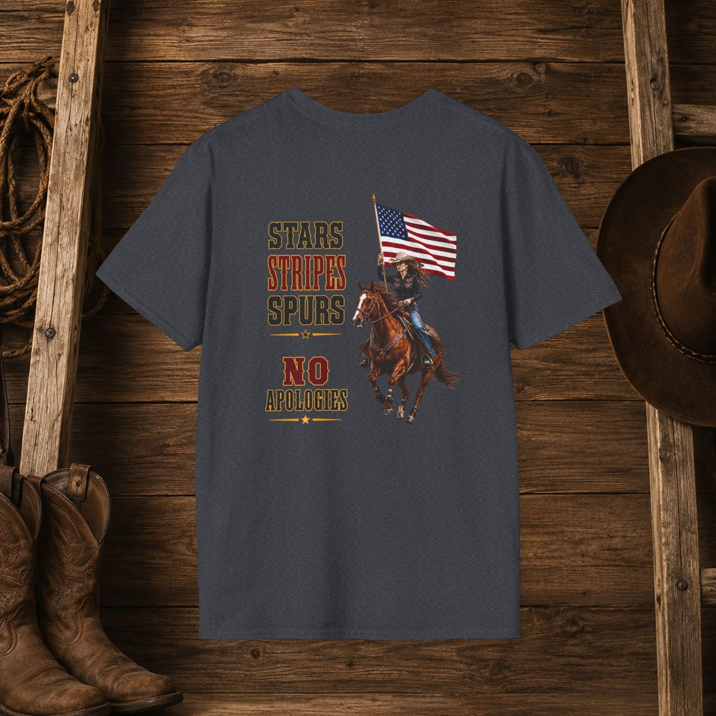 Stars Stripes and Spurs Cowgirl  (Back) Adult T-Shirt