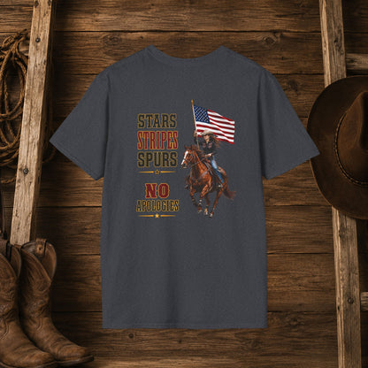 Stars Stripes and Spurs Cowgirl  (Back) Adult T-Shirt