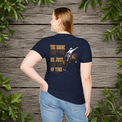 Bronc Ran Out of Time (Back)  Adult T-Shirt