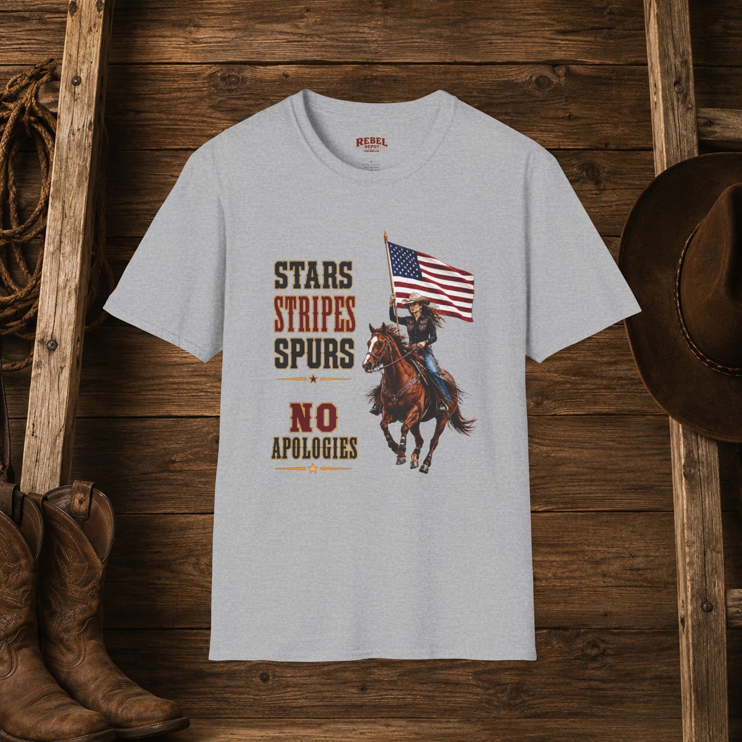 Stars Stripes and Spurs Cowgirl (Front)  Adult T-Shirt