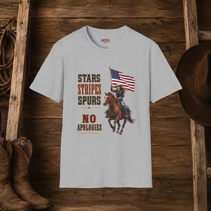 Stars Stripes and Spurs Cowgirl (Front)  Adult T-Shirt