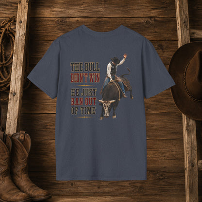 Bull Ran Out of Time (Back)  Adult T-Shirt