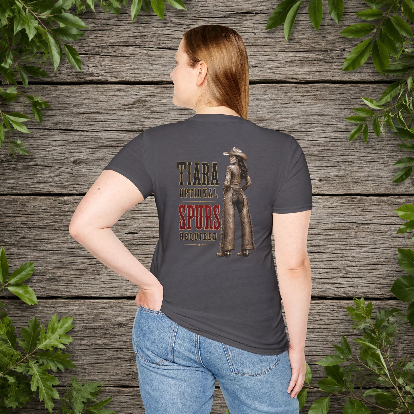 Tiara and Spurs Cowgirl (Back)  Adult T-Shirt
