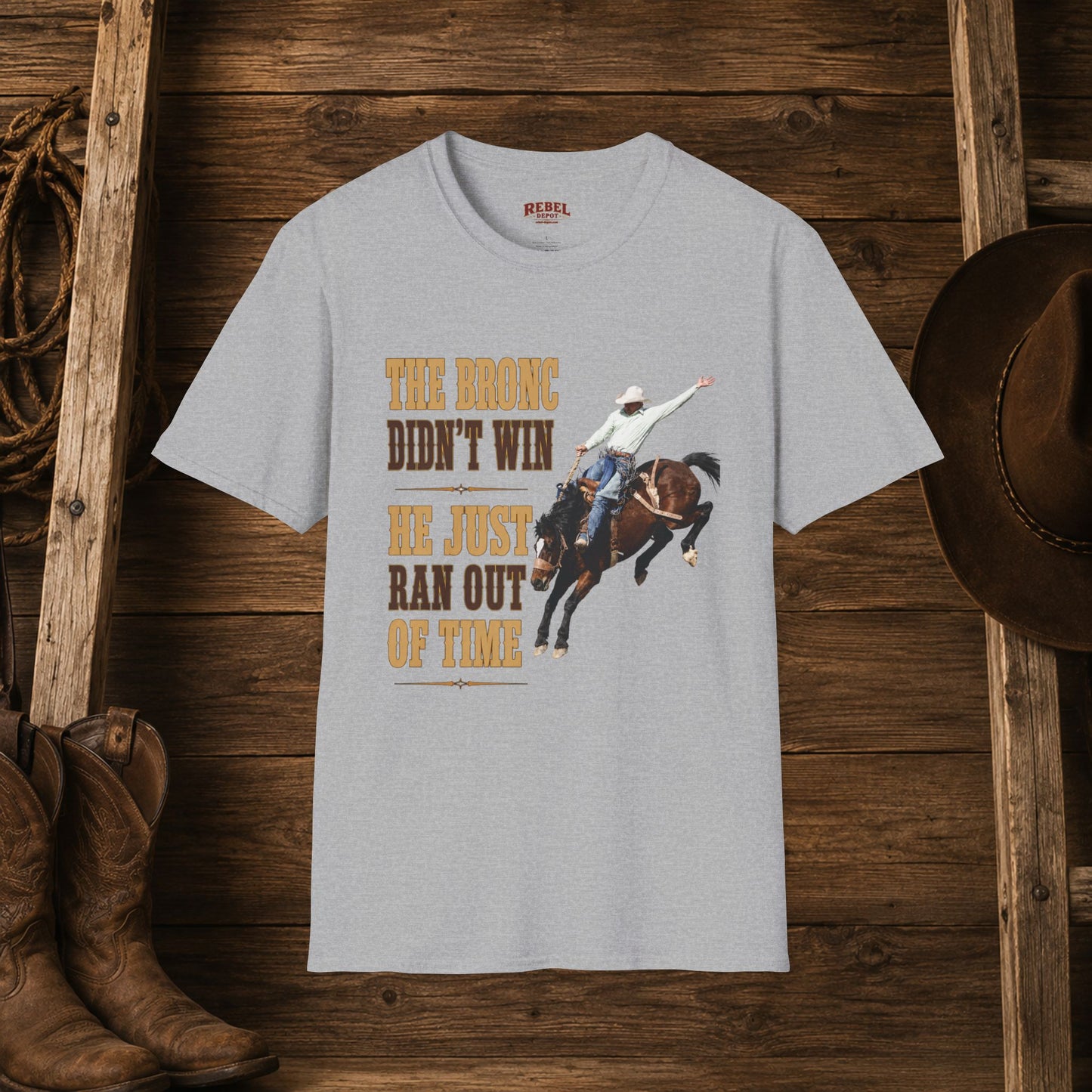 Bronc Ran Out Of Time (Front)  Adult T-Shirt
