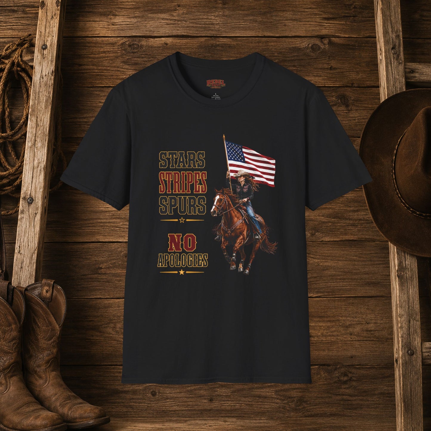 Stars Stripes and Spurs Cowgirl (Front)  Adult T-Shirt