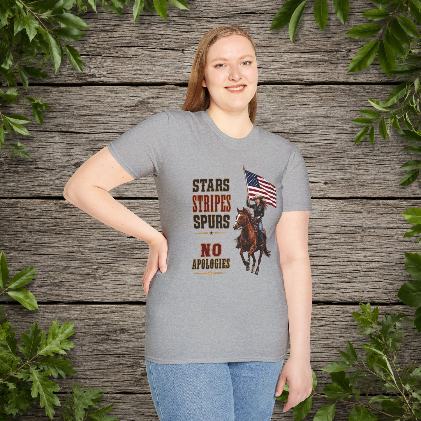 Stars Stripes and Spurs Cowgirl (Front)  Adult T-Shirt