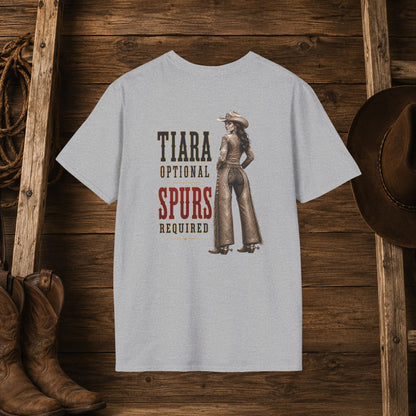 Tiara and Spurs Cowgirl (Back)  Adult T-Shirt