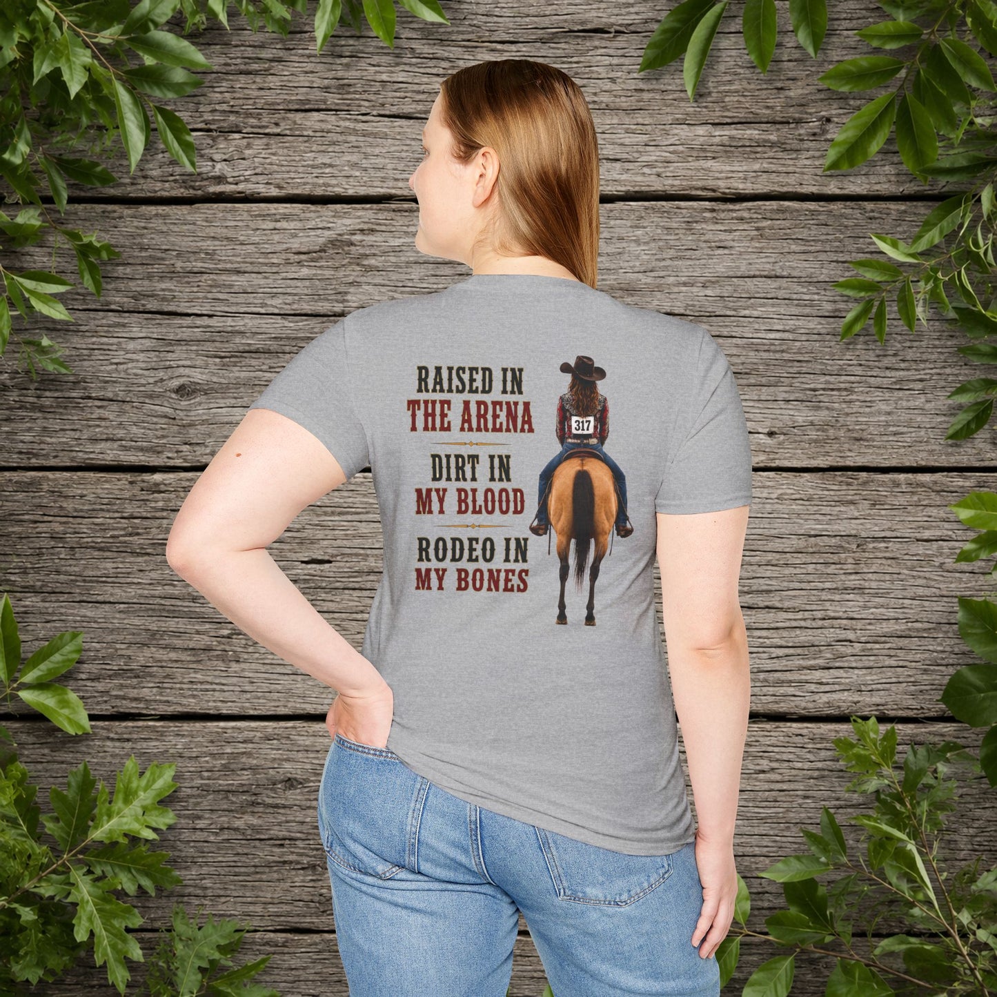 Raised Dirt Rodeo Cowgirl (Back)  Adult T-Shirt