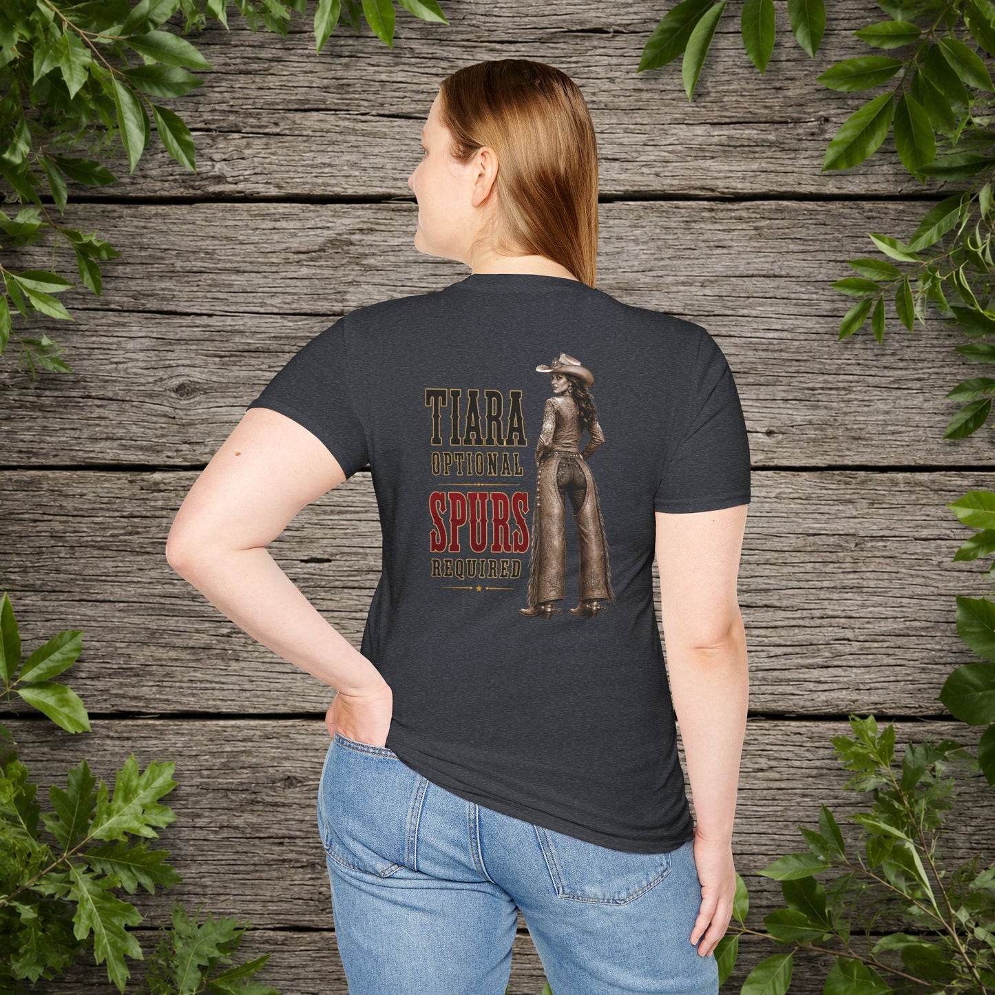 Tiara and Spurs Cowgirl (Back)  Adult T-Shirt