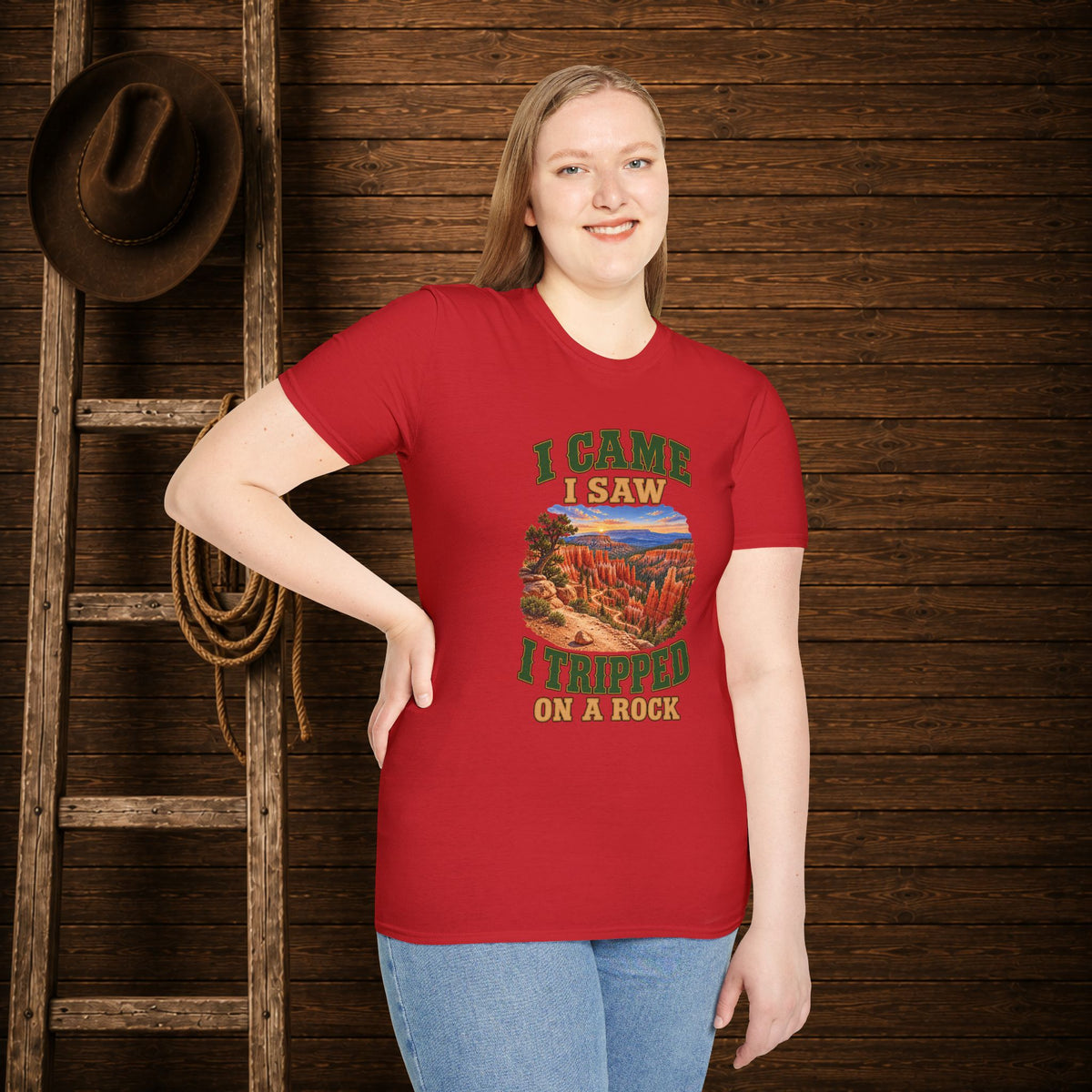 Came Saw Tripped On A Rock  Adult Size T-Shirt
