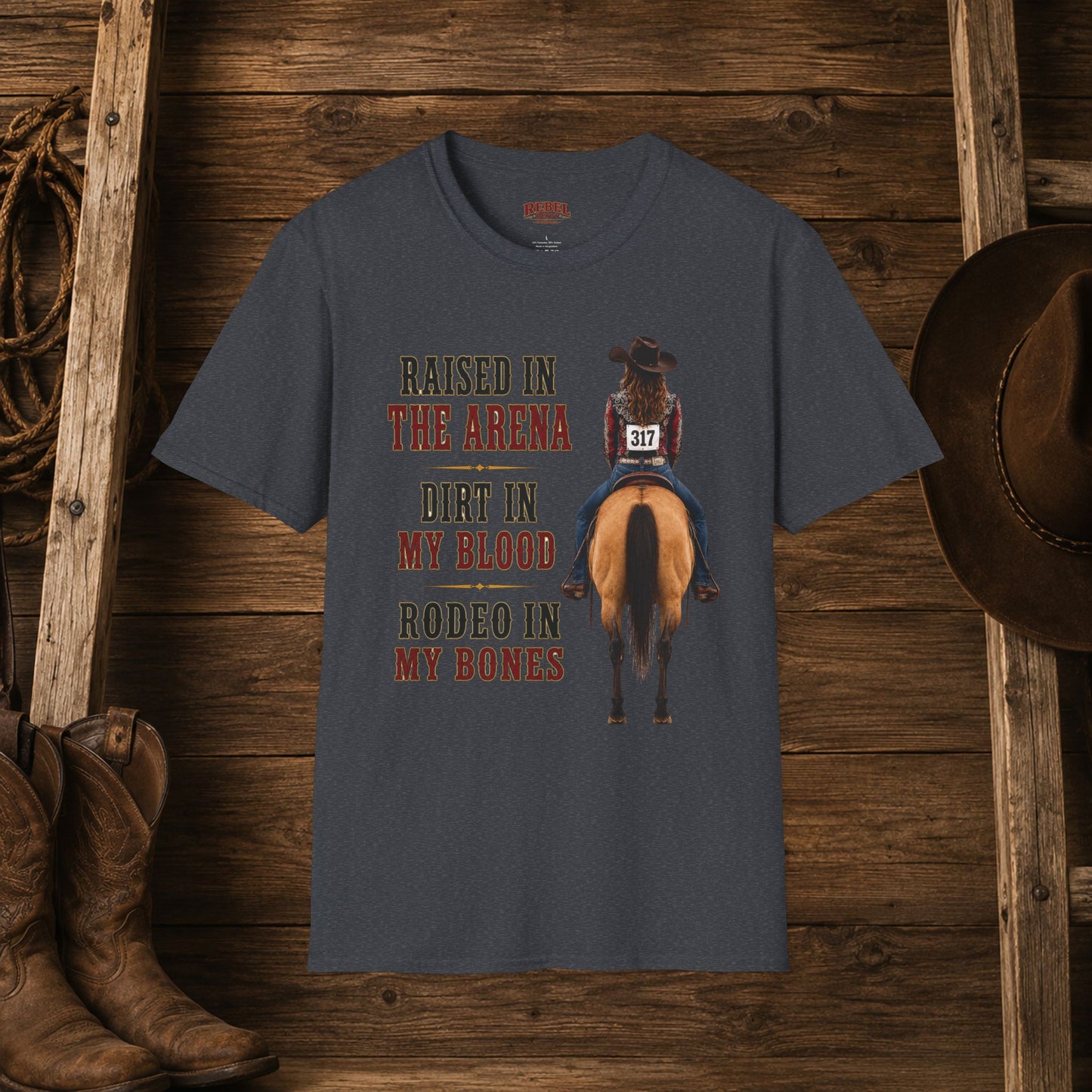 Raised Dirt Rodeo Cowgirl (Front)  Adult T-Shirt