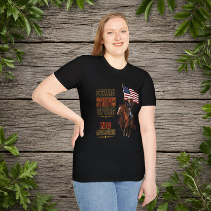 Stars Stripes and Spurs Cowgirl (Front)  Adult T-Shirt