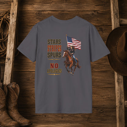Stars Stripes and Spurs Cowgirl  (Back) Adult T-Shirt