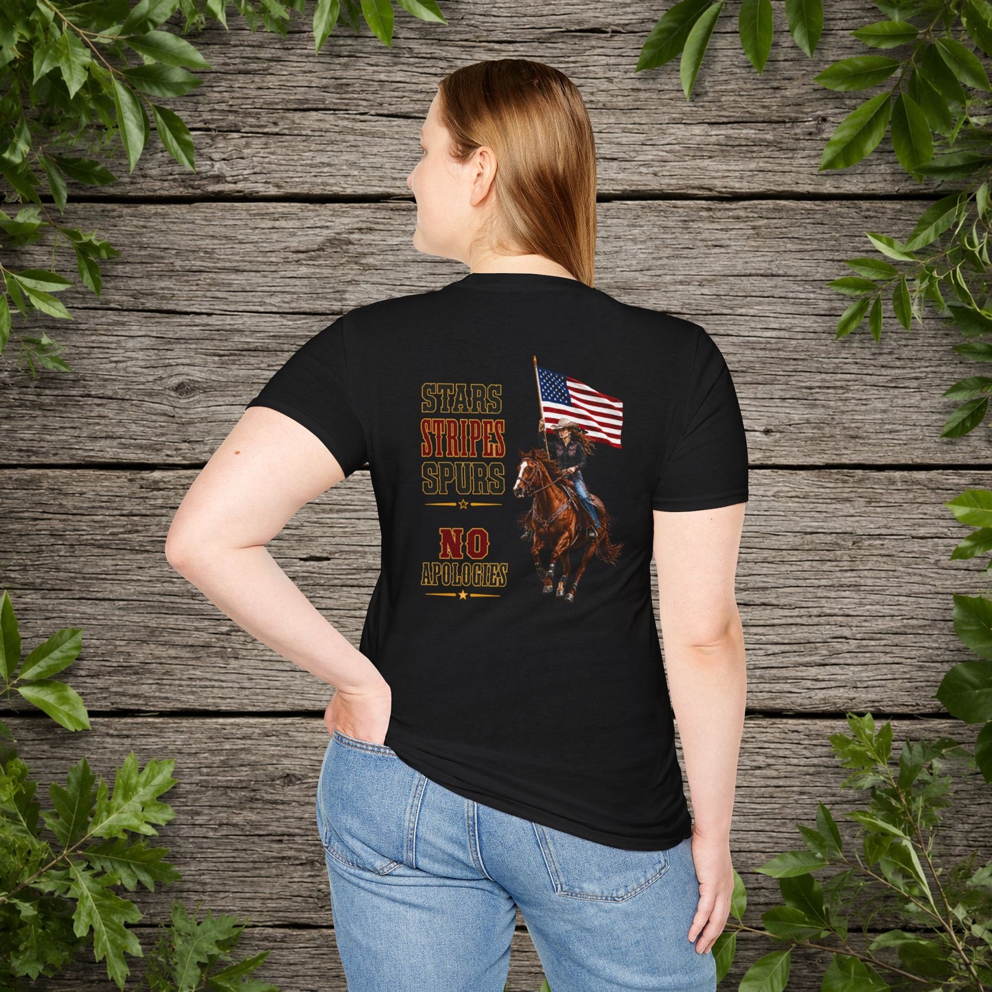 Stars Stripes and Spurs Cowgirl  (Back) Adult T-Shirt