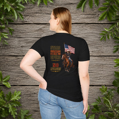 Stars Stripes and Spurs Cowgirl  (Back) Adult T-Shirt