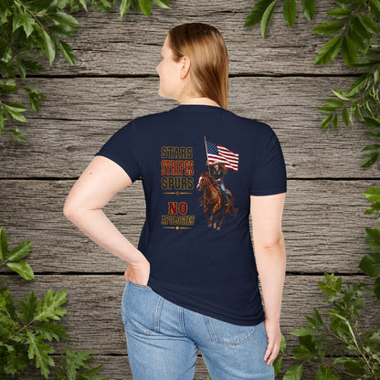 Stars Stripes and Spurs Cowgirl  (Back) Adult T-Shirt