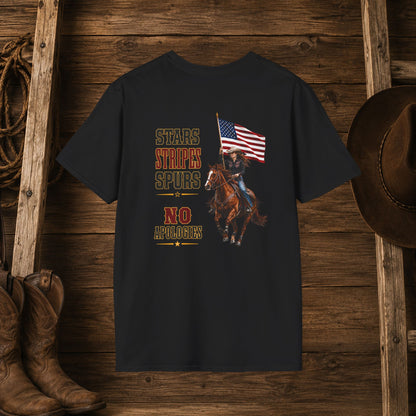 Stars Stripes and Spurs Cowgirl  (Back) Adult T-Shirt