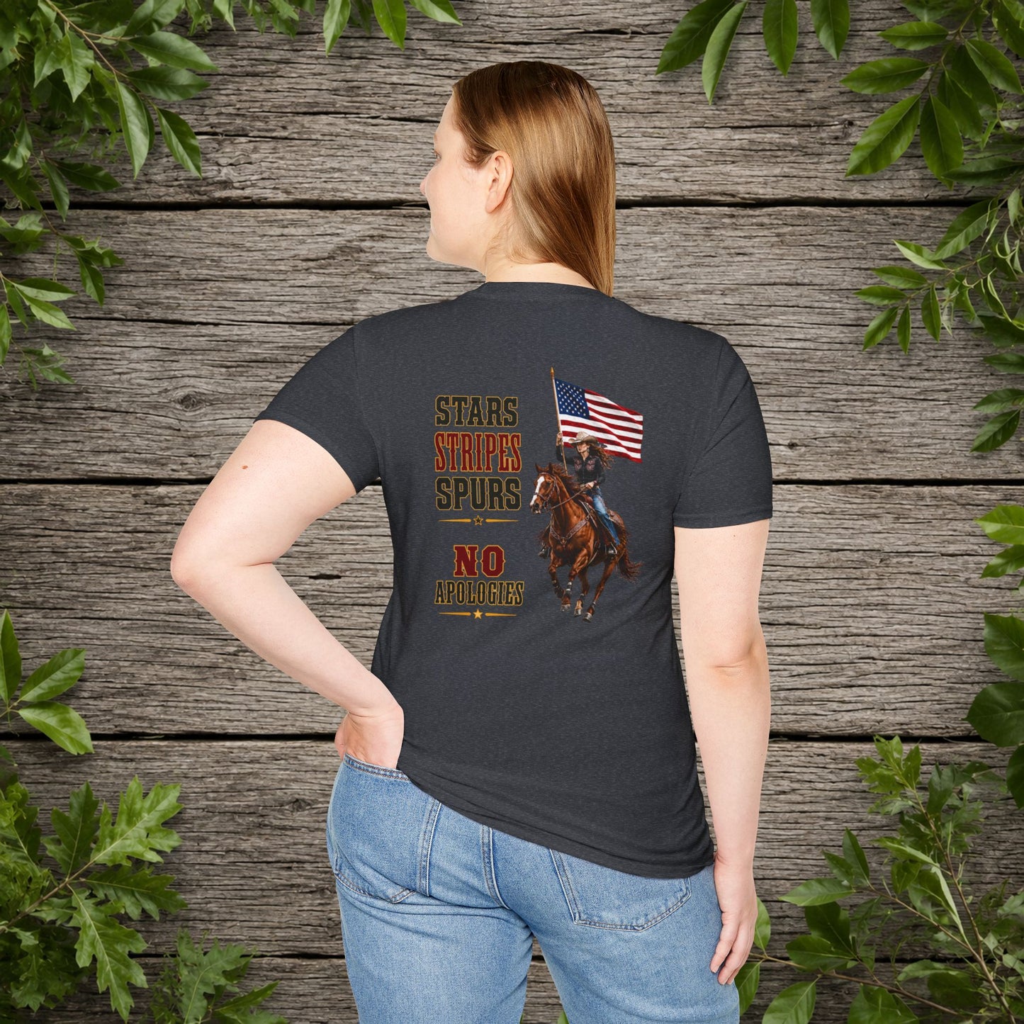 Stars Stripes and Spurs Cowgirl  (Back) Adult T-Shirt