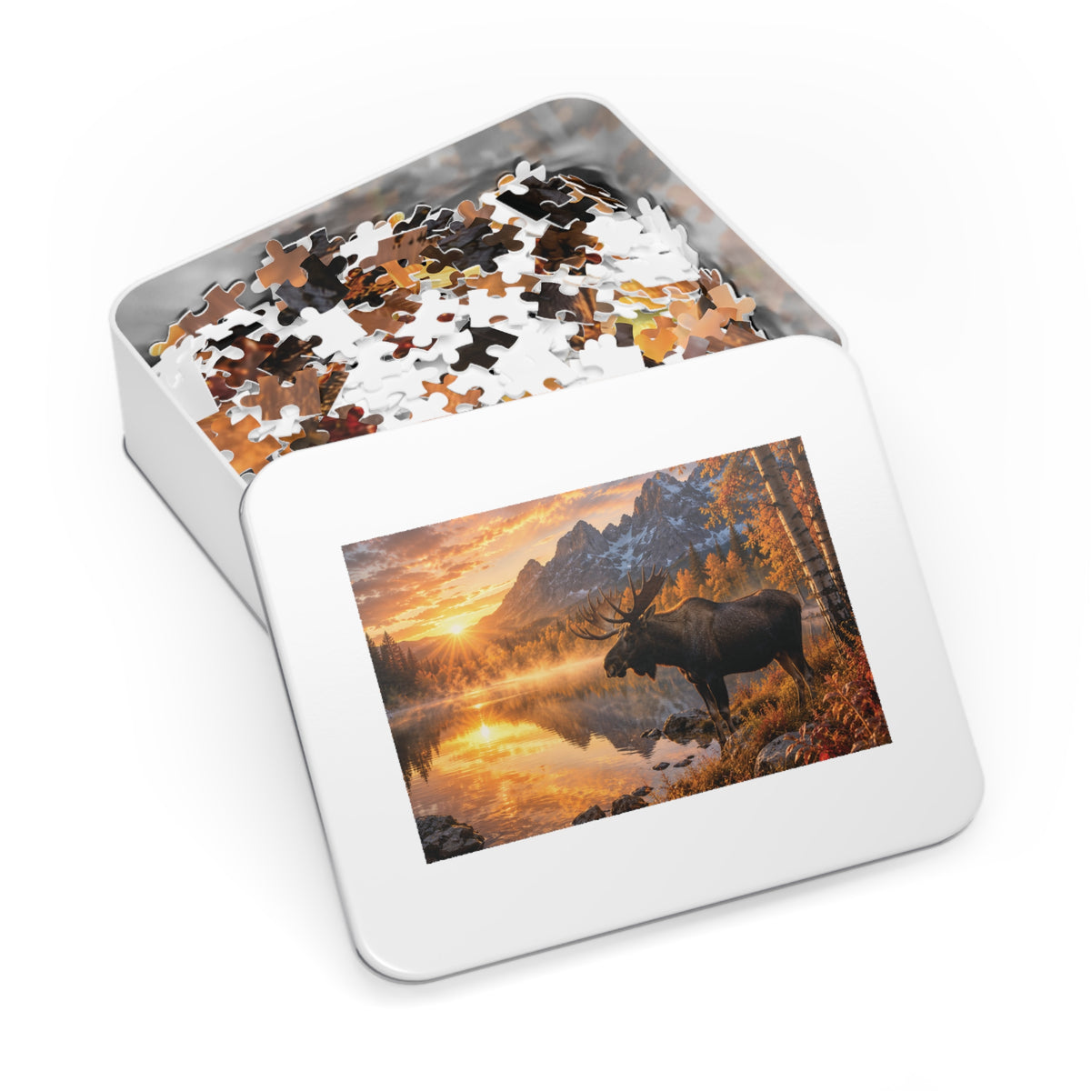 Morning Fall Moose  Jigsaw Puzzle with Tin