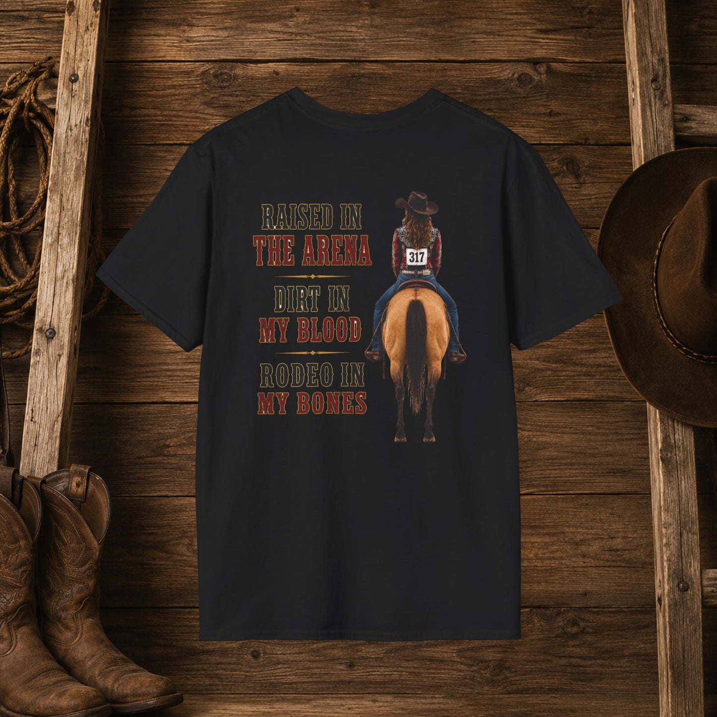 Raised Dirt Rodeo Cowgirl (Back)  Adult T-Shirt