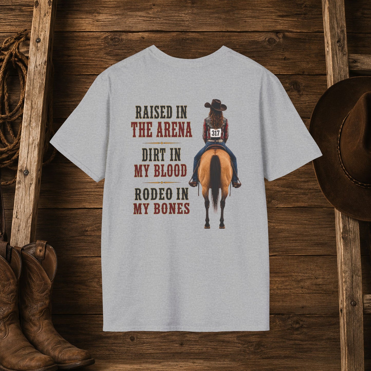 Raised Dirt Rodeo Cowgirl (Back)  Adult T-Shirt