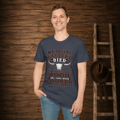 Social Battery Died  Adult Size T-Shirt