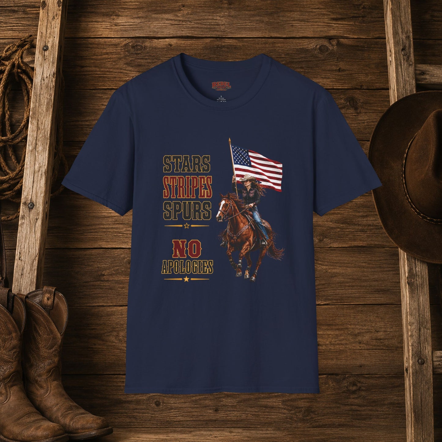 Stars Stripes and Spurs Cowgirl (Front)  Adult T-Shirt