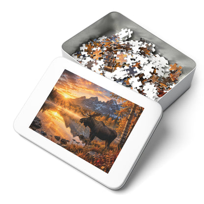 Morning Fall Moose  Jigsaw Puzzle with Tin