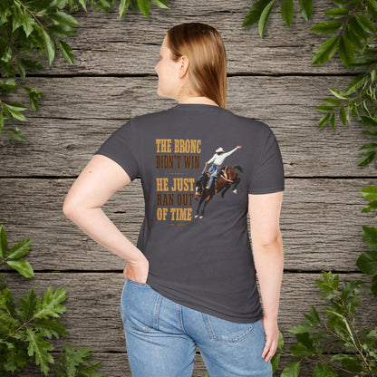 Bronc Ran Out of Time (Back)  Adult T-Shirt