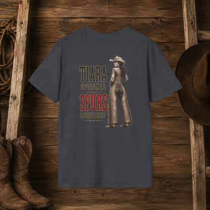 Tiara and Spurs Cowgirl (Back)  Adult T-Shirt