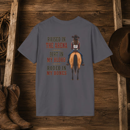 Raised Dirt Rodeo Cowgirl (Back)  Adult T-Shirt
