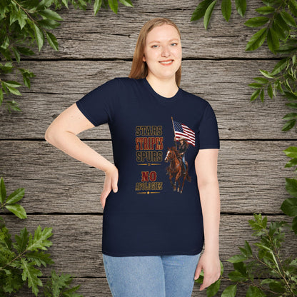 Stars Stripes and Spurs Cowgirl (Front)  Adult T-Shirt