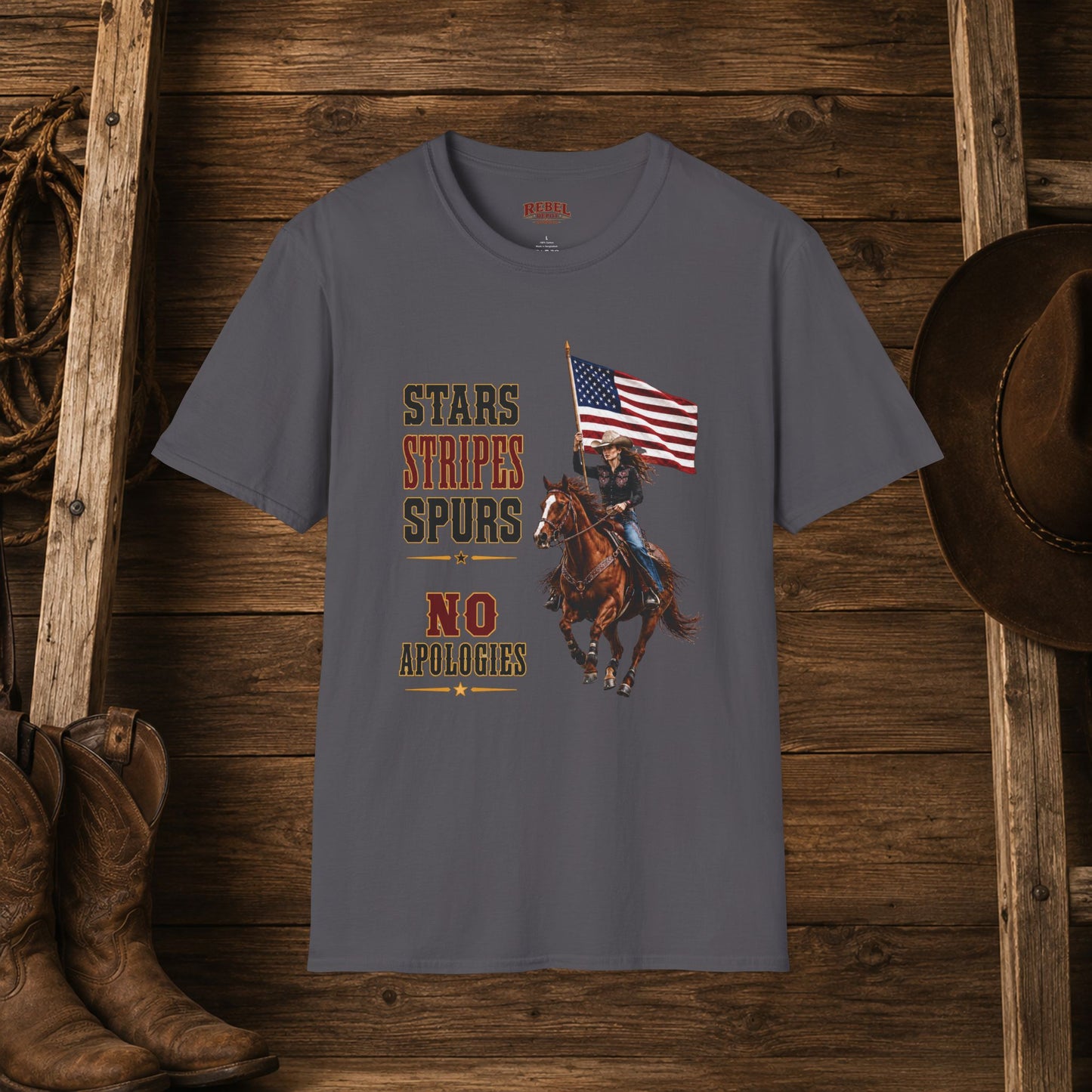 Stars Stripes and Spurs Cowgirl (Front)  Adult T-Shirt