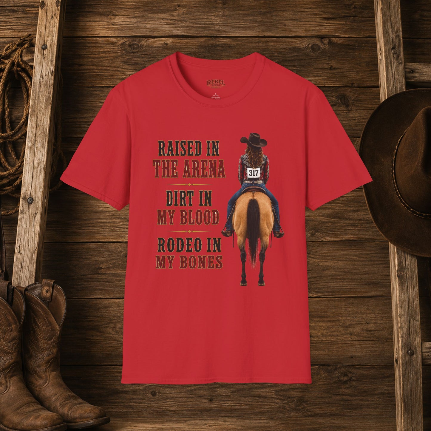 Raised Dirt Rodeo Cowgirl (Front)  Adult T-Shirt